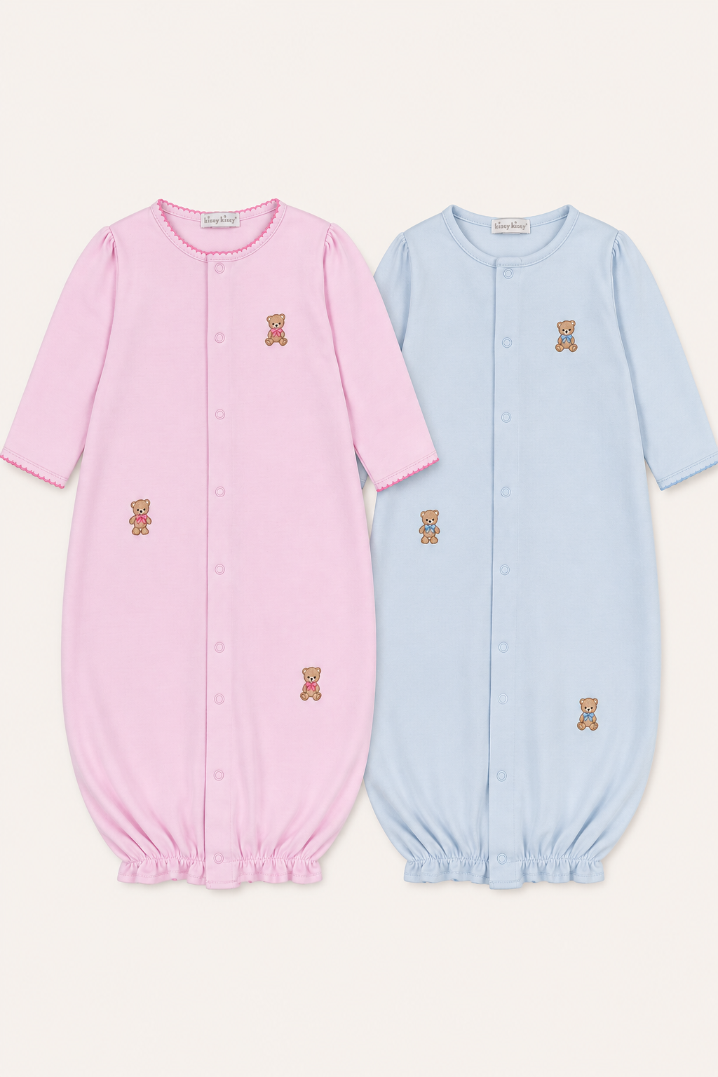 kissy kissy convertible teddy bear club  gowns and onesies with light pink and light blue fabric and teddy bear design