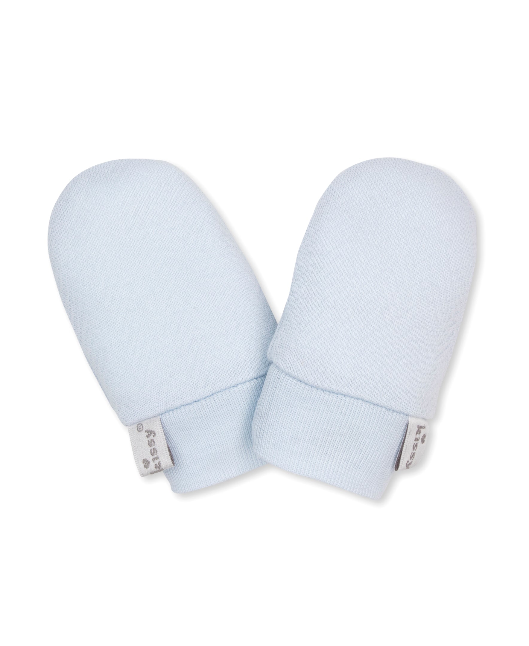 Pair of light blue jacquard baby mitts with a kissy kissy label