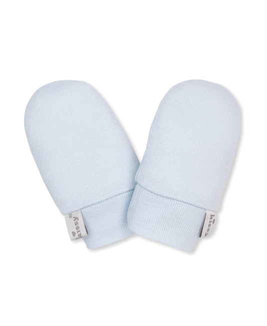 Pair of light blue jacquard baby mitts with a kissy kissy label