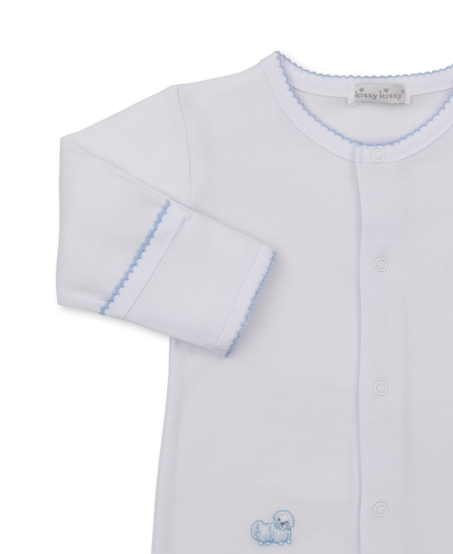 A white long-sleeve baby footie with light blue scalloped trim and a small blue embroidered puppy motif near the bottom, shown on a plain white background.