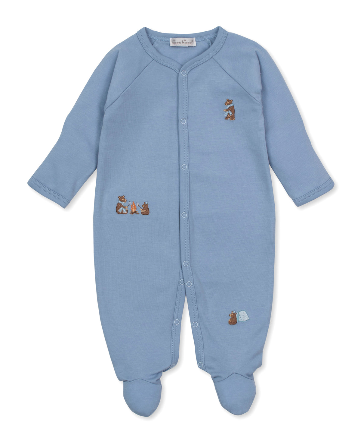 A baby's long-sleeve footed sleeper in light blue, featuring small embroidered brown bear motifs on the chest and legs, displayed against a plain white background.