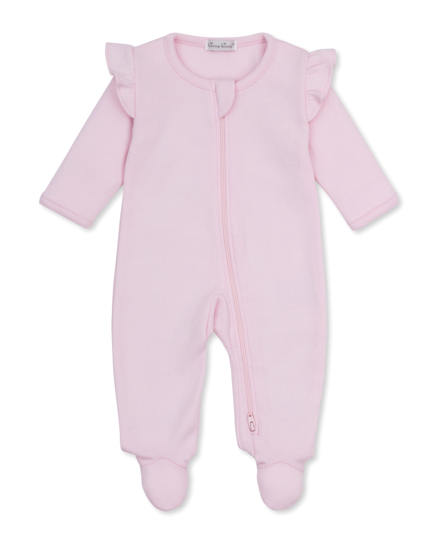 Pink jacquard baby zipper footie with a pink ruffle on the shoulders