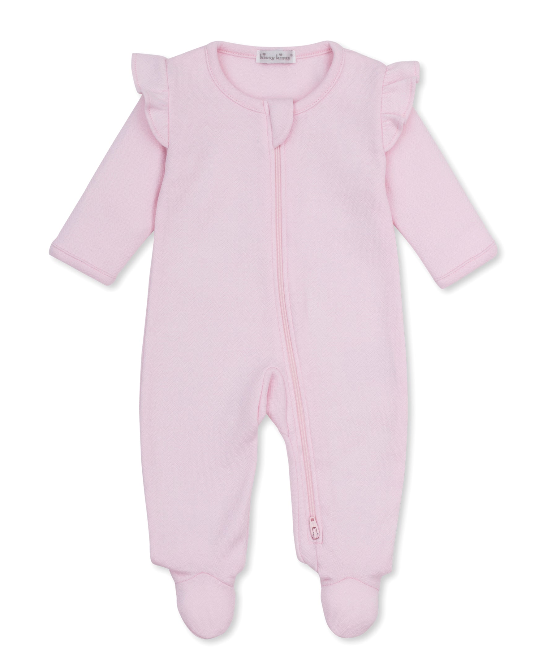 Pink jacquard baby zipper footie with a pink ruffle on the shoulders