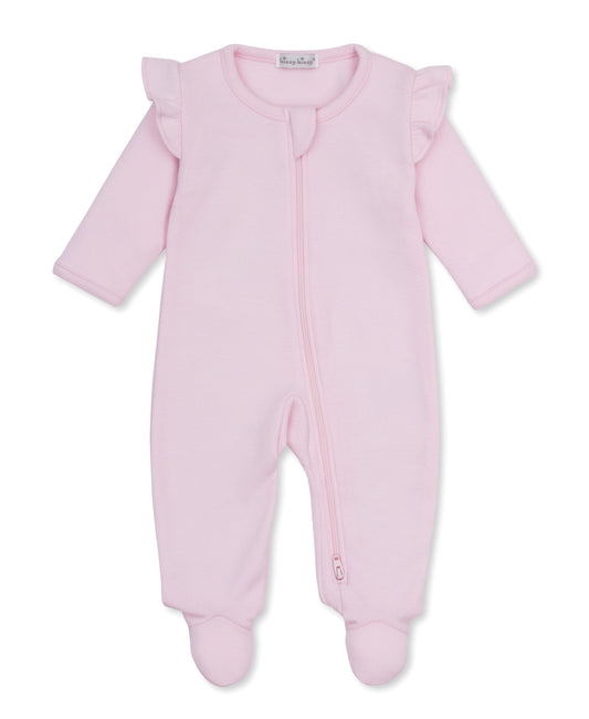 Pink jacquard baby zipper footie with a pink ruffle on the shoulders