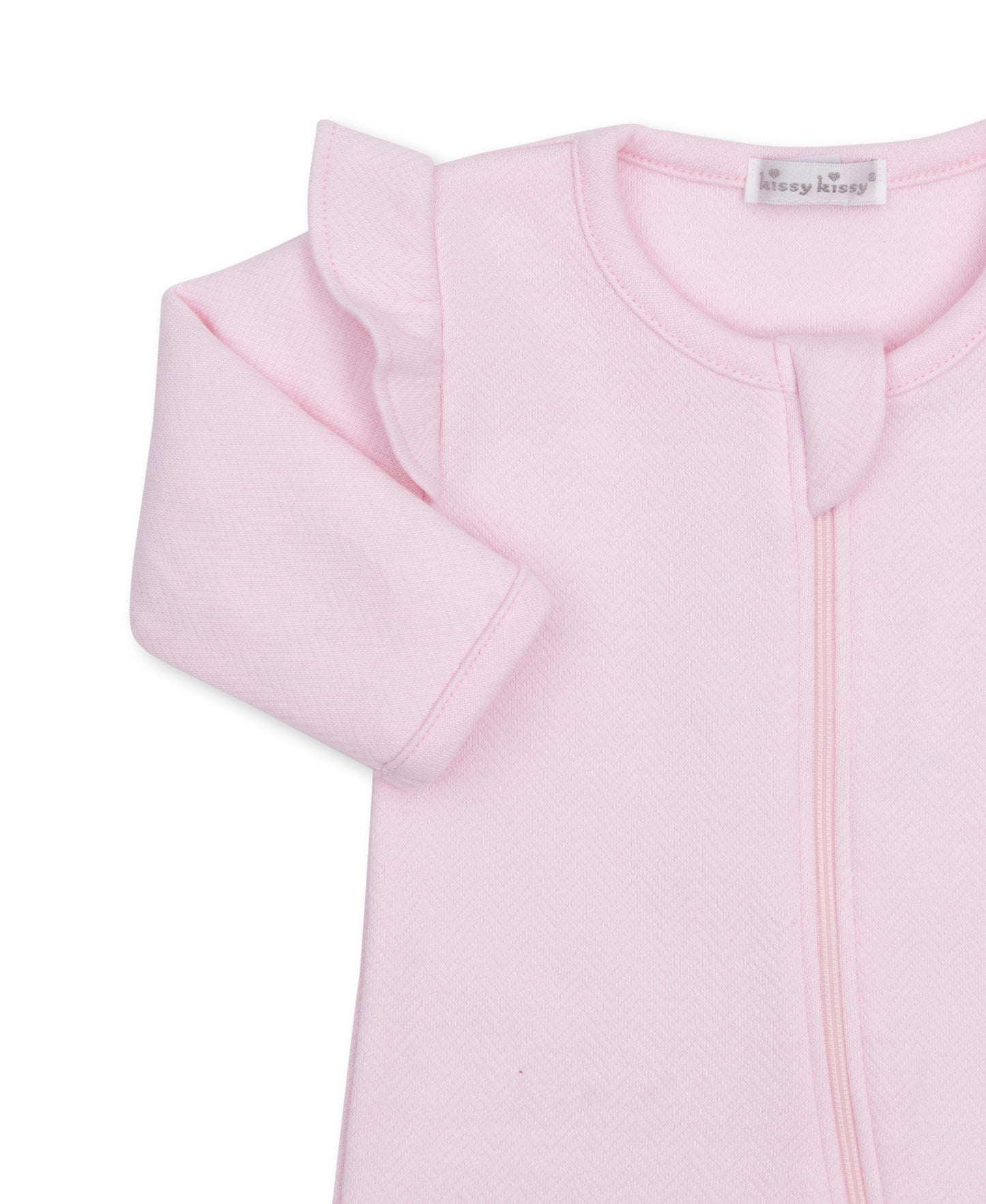 Pink jacquard baby zipper footie with a pink ruffle on the shoulders