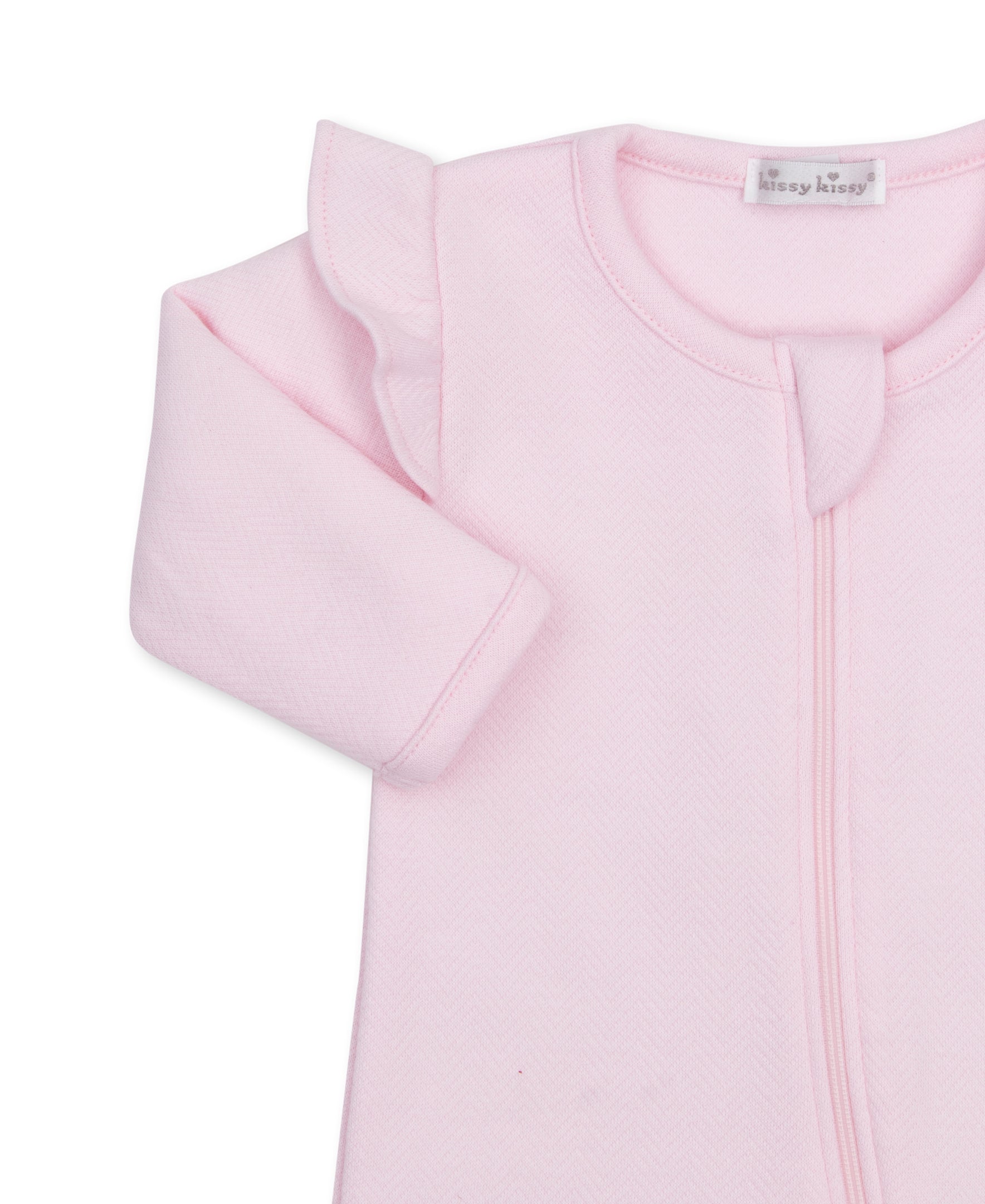 Pink jacquard baby zipper footie with a pink ruffle on the shoulders