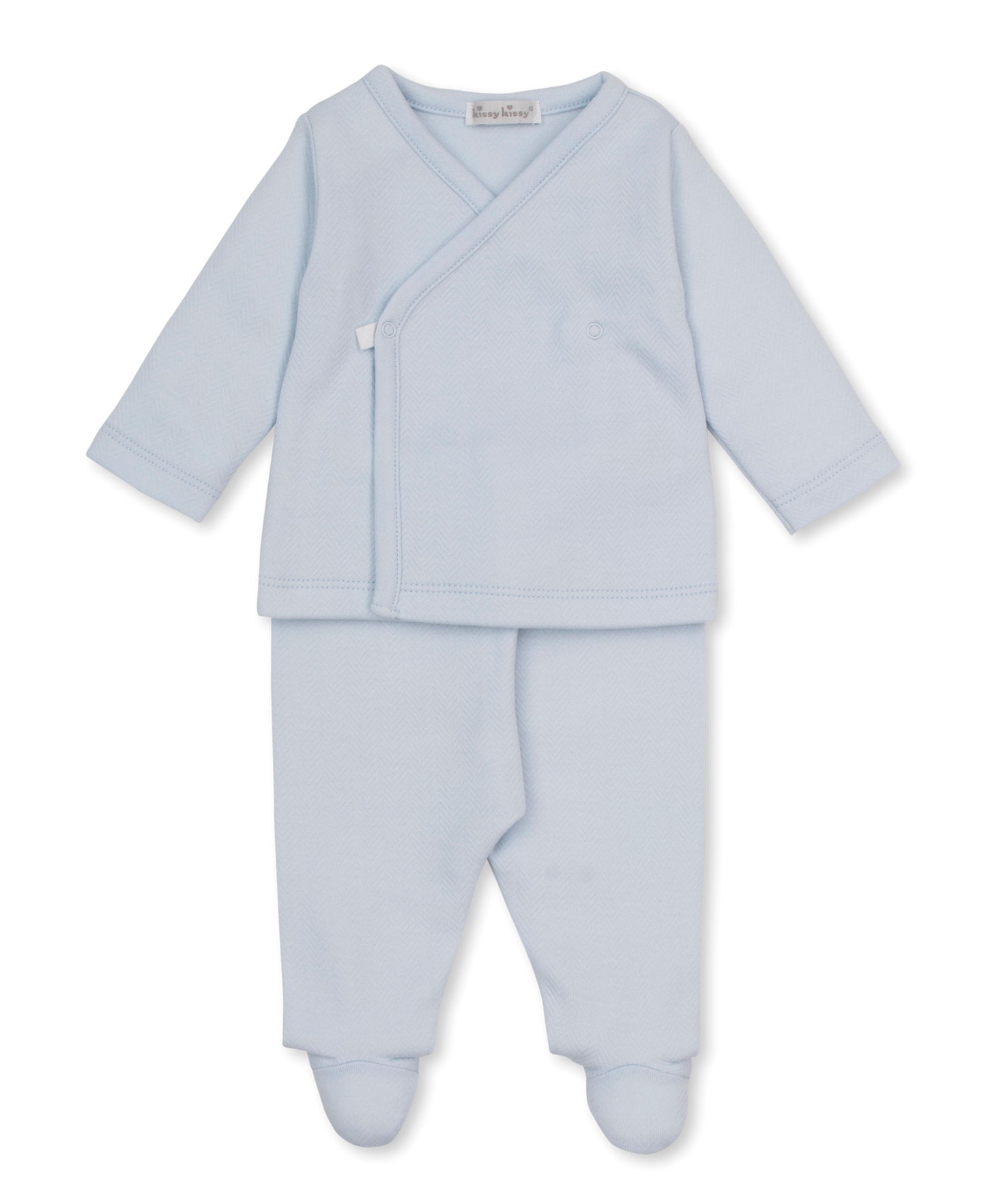 Light blue jacquard baby outfit with a wrap top and footed pants 