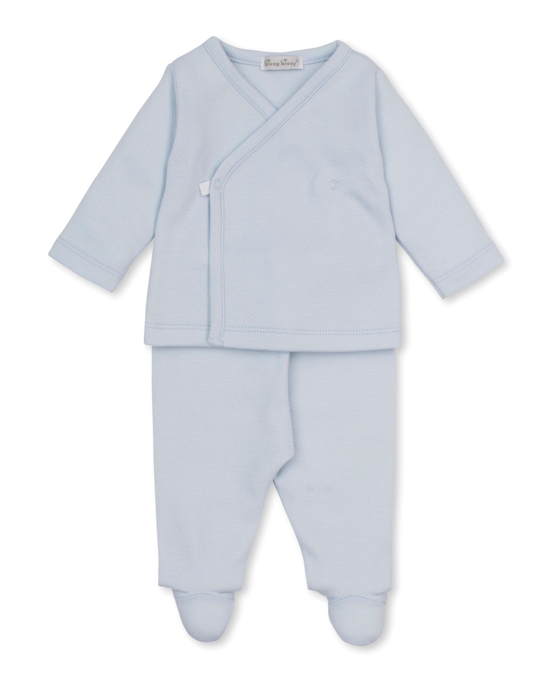 Light blue jacquard baby outfit with a wrap top and footed pants 