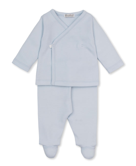 Light blue jacquard baby outfit with a wrap top and footed pants 