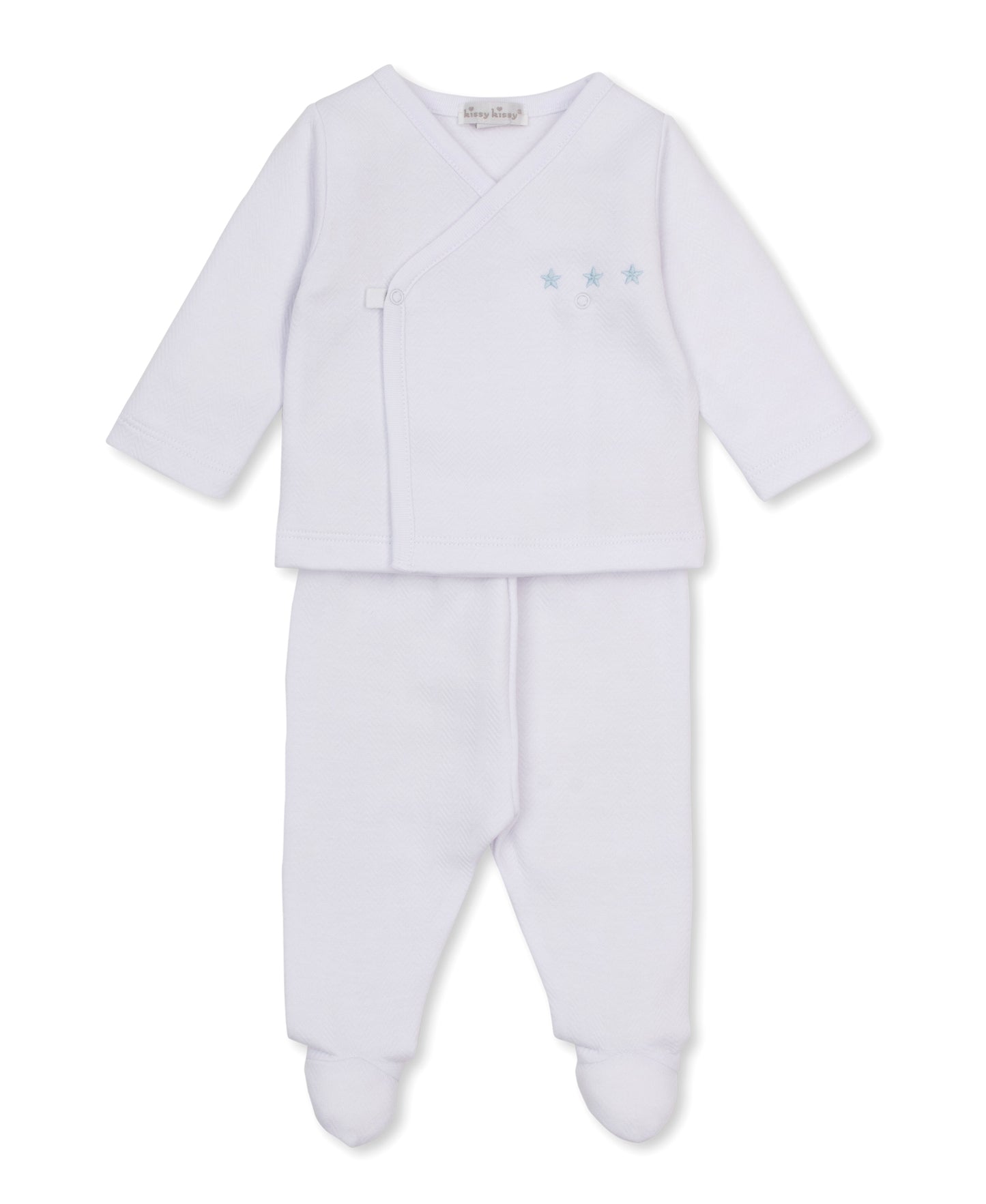 A white jacquard baby footed sleeper set consisting of a long-sleeve wrap-style top with three light blue embroidered stars on the chest and matching footed pants, 
