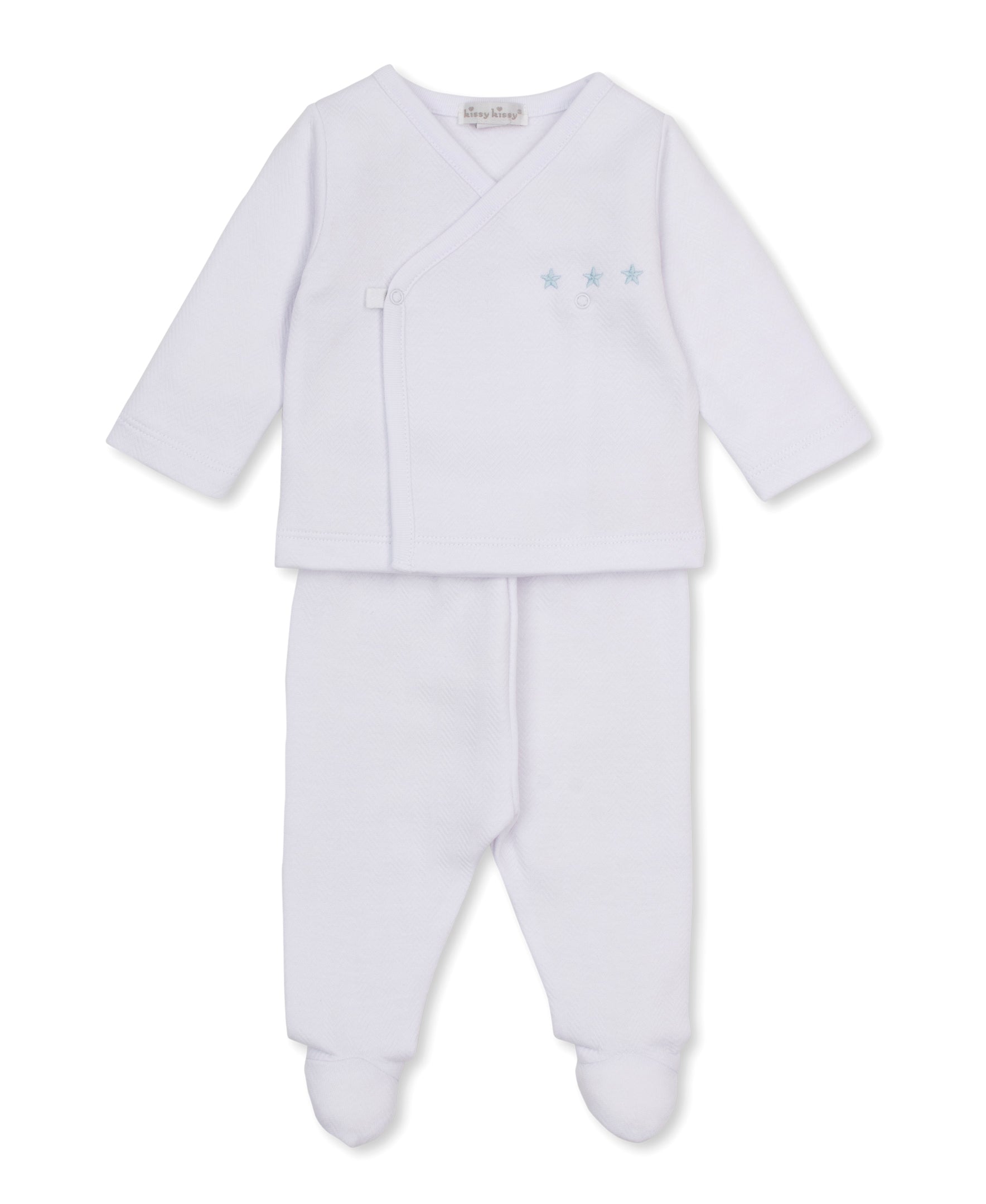 A white jacquard baby footed sleeper set consisting of a long-sleeve wrap-style top with three light blue embroidered stars on the chest and matching footed pants, 