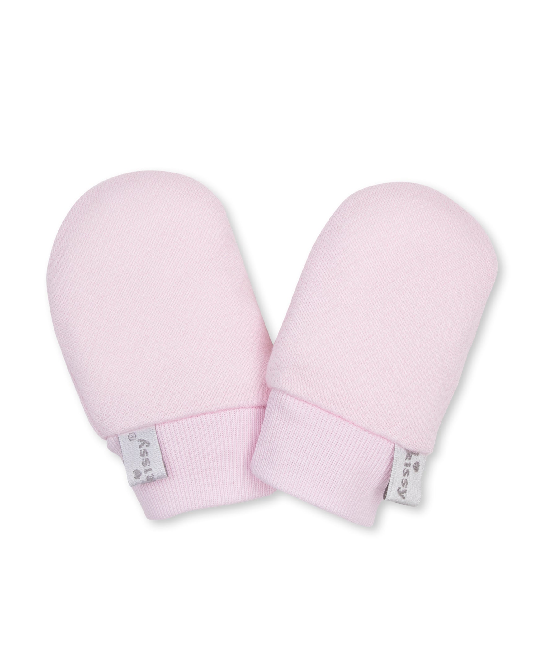 Pair of light pink jacquard baby mitts with a kissy kissy tag.