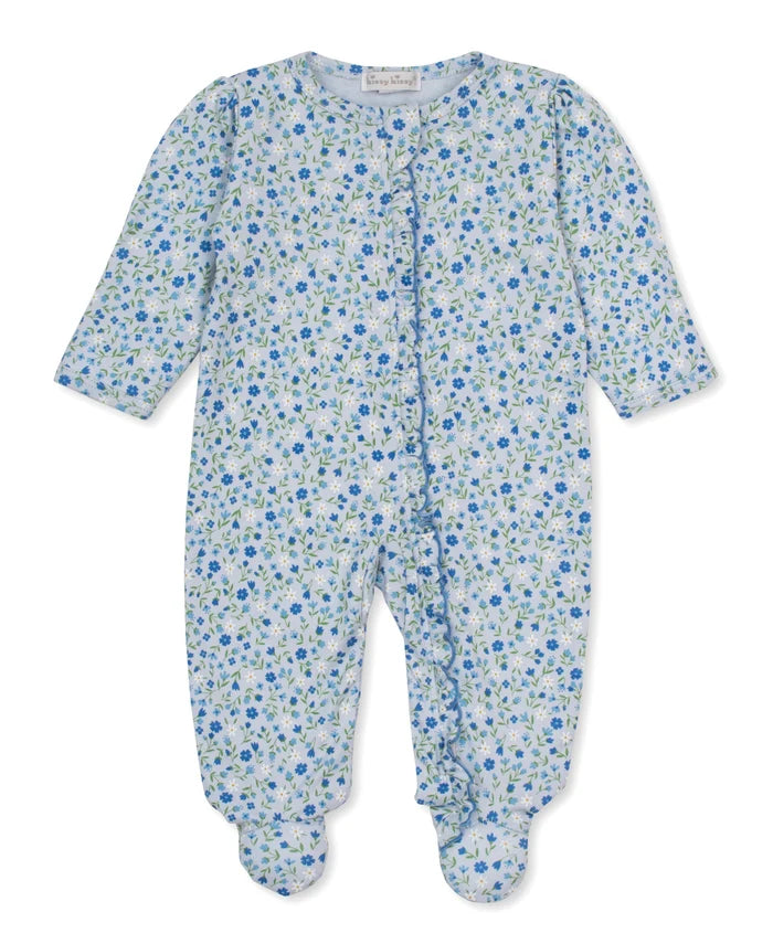 A Kissy Kissy Pretty Petals  baby footed sleeper in a light blue and white floral print, featuring a snap-button front closure and zipper with long sleeves and legs.