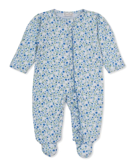 A Kissy Kissy Pretty Petals  baby footed sleeper in a light blue and white floral print, featuring a snap-button front closure and zipper with long sleeves and legs.