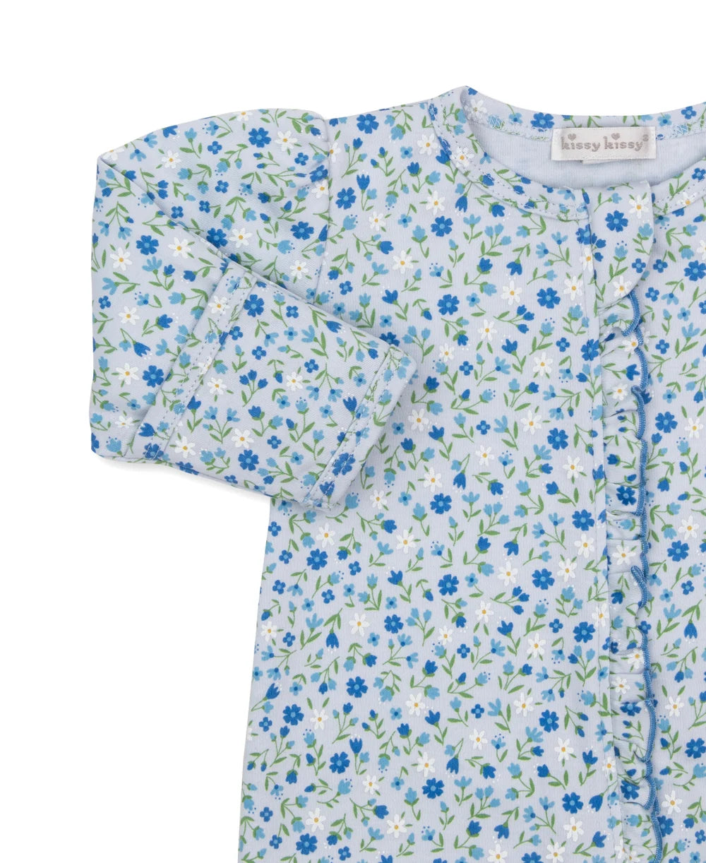 A close-up of a children's long-sleeve top by Klssy Kissy , featuring a delicate blue, white, and green floral print on a pale blue background.