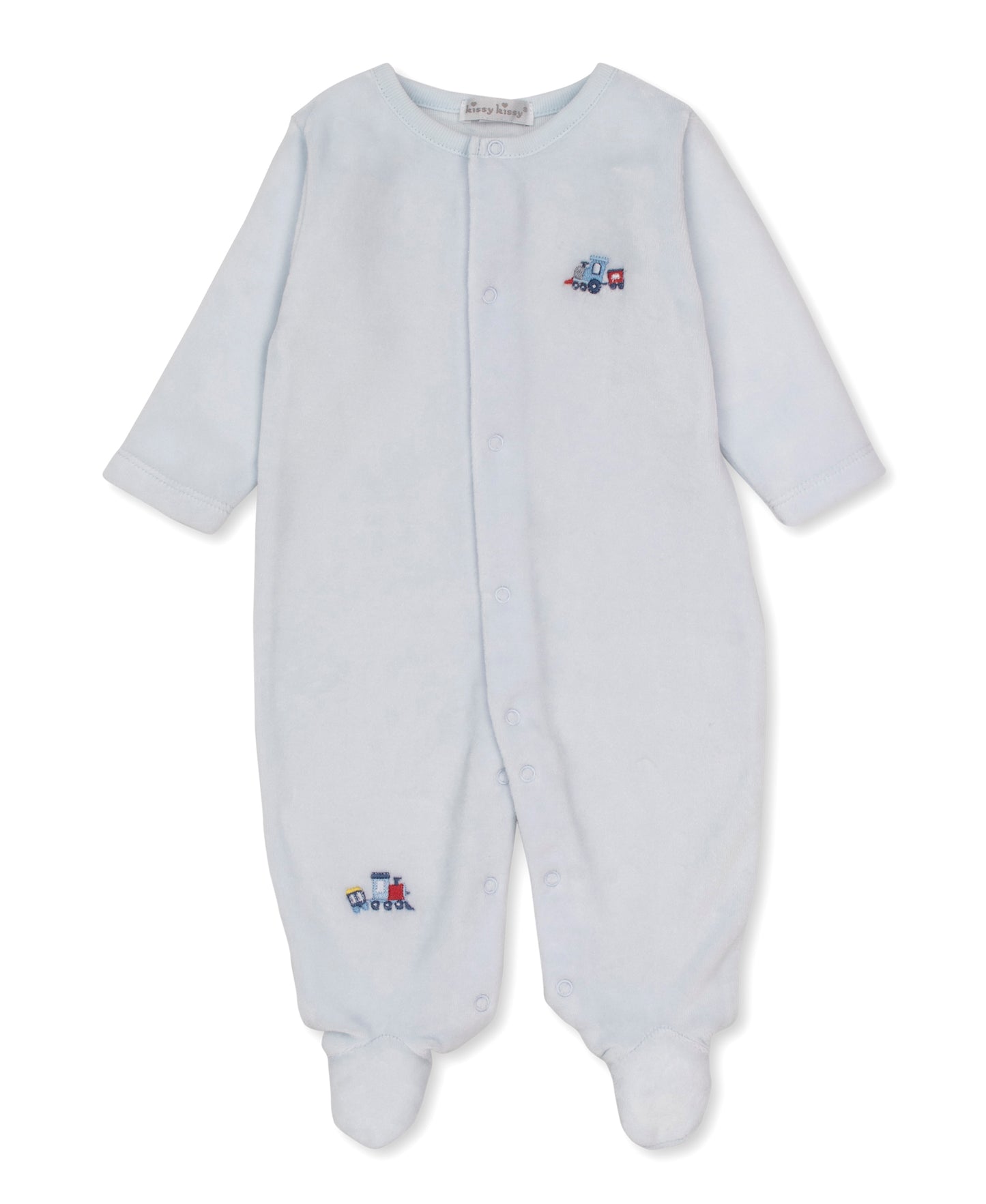 Kissy kissy toot toot velour footie long-sleeve baby footed sleeper with snap closures down the front and small embroidered toy graphics on the chest and lower leg.