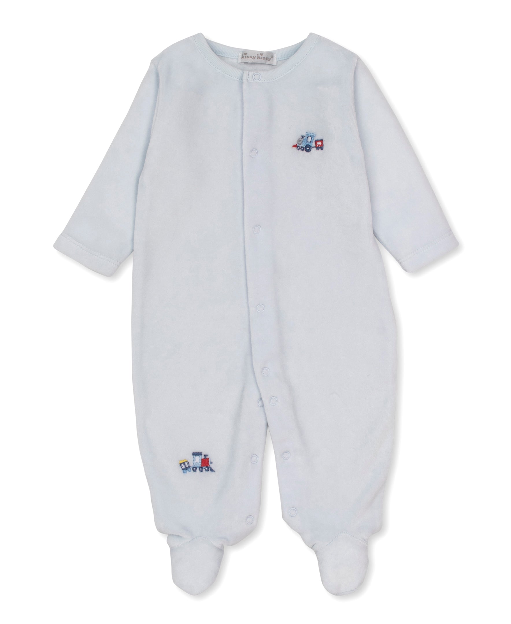 Kissy kissy toot toot velour footie long-sleeve baby footed sleeper with snap closures down the front and small embroidered toy graphics on the chest and lower leg.
