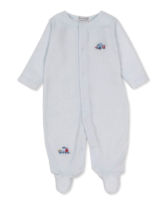Kissy kissy toot toot velour footie long-sleeve baby footed sleeper with snap closures down the front and small embroidered toy graphics on the chest and lower leg.