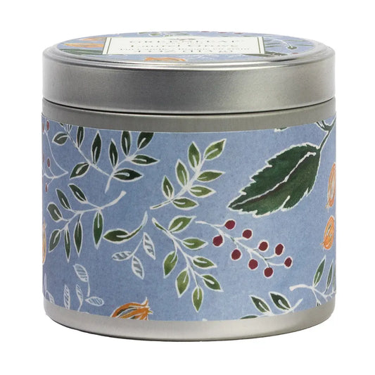 Candle tin with floral design on a blue background with the laurel grove fragrance