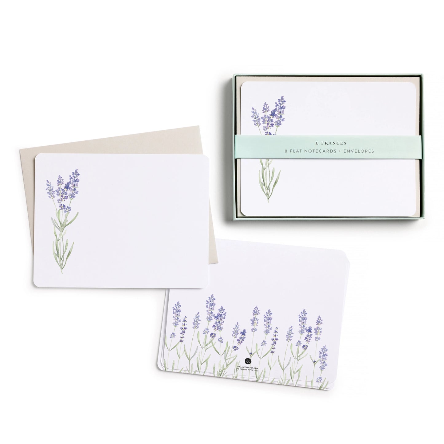 set of notecards with a lavender design on the front and back of each card with natural envelopes