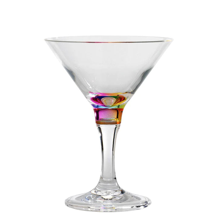 A multicolored 9oz Rainbow Jewel martini glass with a clear body and multicolored base and stem.