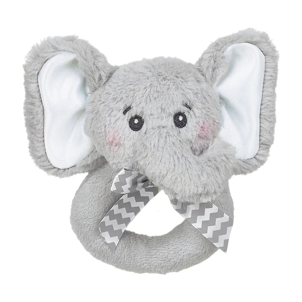 Plush elephant ring rattle by lil spout with a gray and white chevron pattern around its neck on a white background