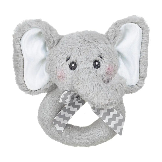 Plush elephant ring rattle by lil spout with a gray and white chevron pattern around its neck on a white background