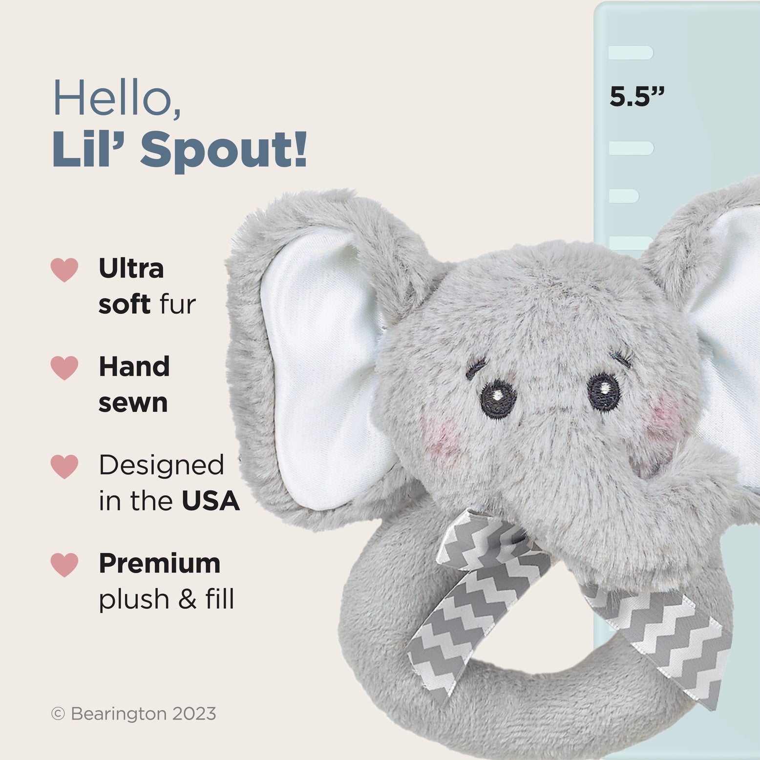 Plush elephant ring rattle with text highlighting features on a light beige background