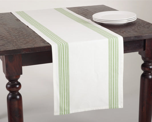 white table runner with lime green thin stripes down each side