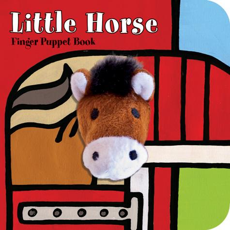 Finger puppet book cover with a horse puppet on a red background