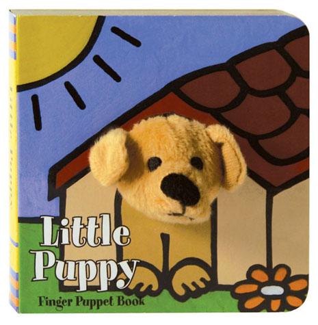 Children's book titled 'Little Puppy' with a finger puppet of a dog on the cover.