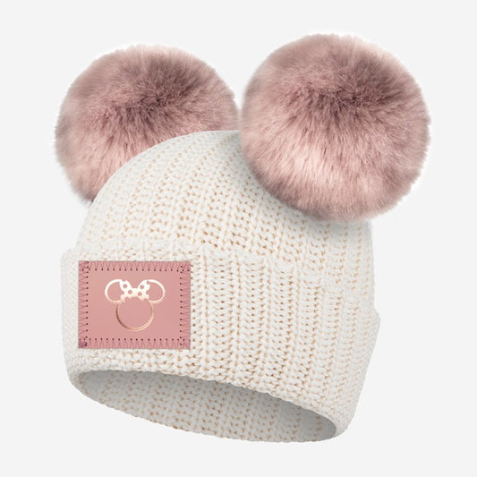 Love Your Melon Kids Minnie Mouse Rose Foil White Double Pom Beanie