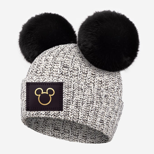 Love Your Melon Kids Mickey Mouse Outline Black Speckled Double Pom Beanie
