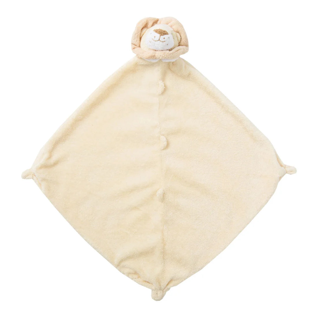 Cream-colored baby comfort blanket with a lion head on a white background