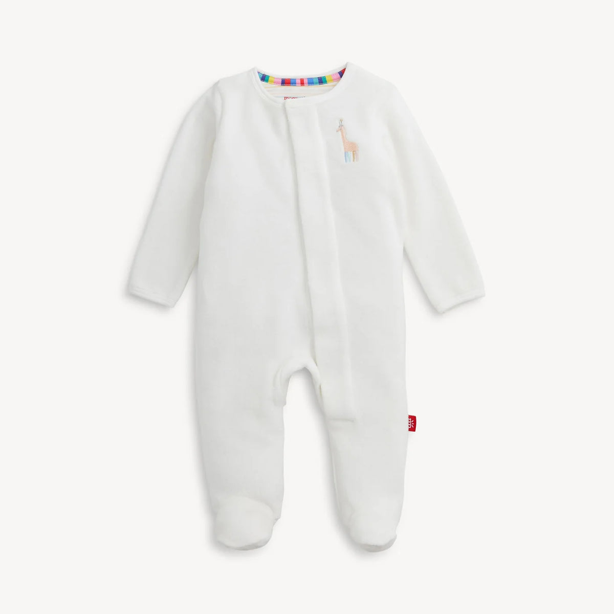 A white long-sleeve baby footed sleeper with an embroidered giraffe on the chest, shown against a plain off-white background.