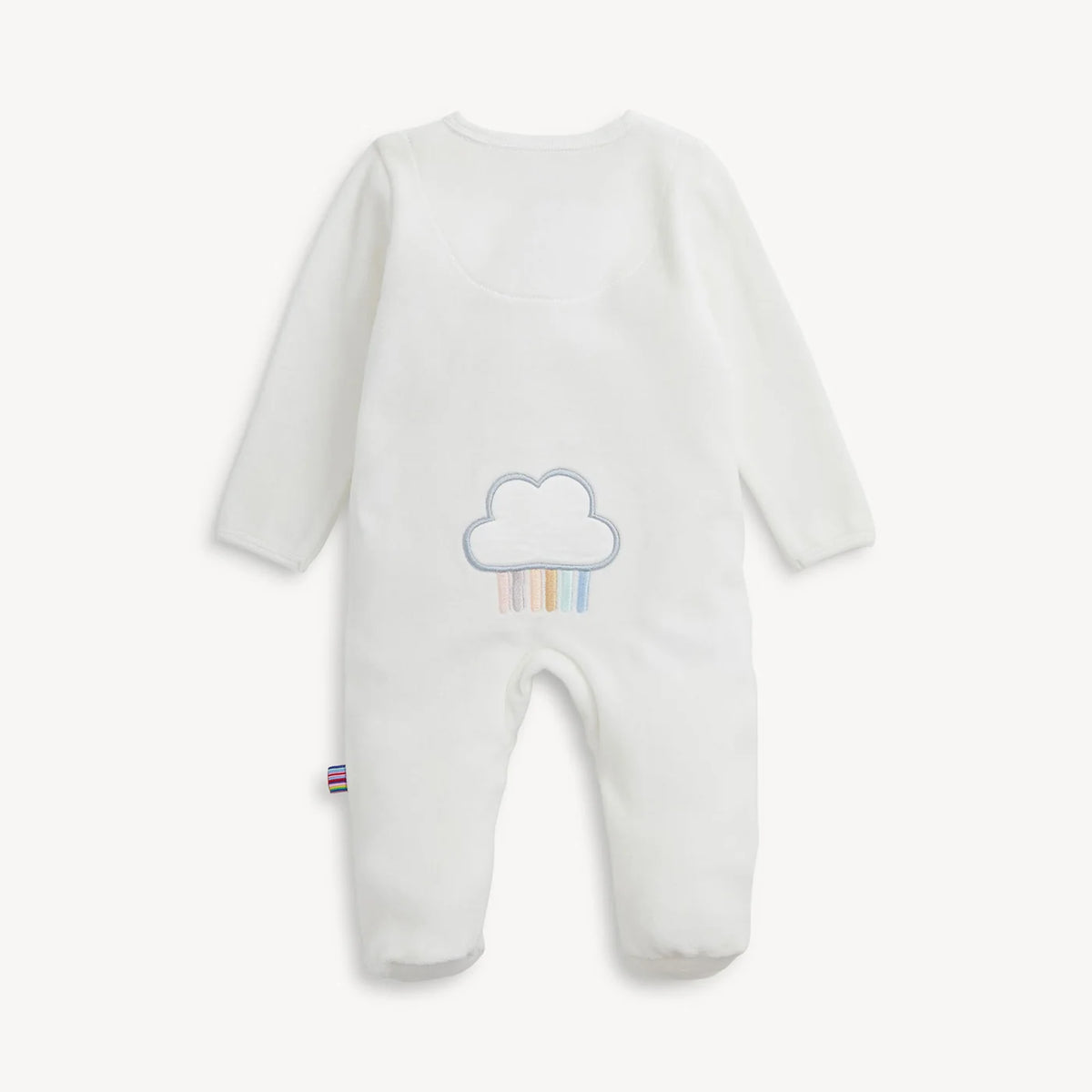 A white long-sleeve baby footie with an embroidered cloud and rainbow design on the back, shown against a plain light background.