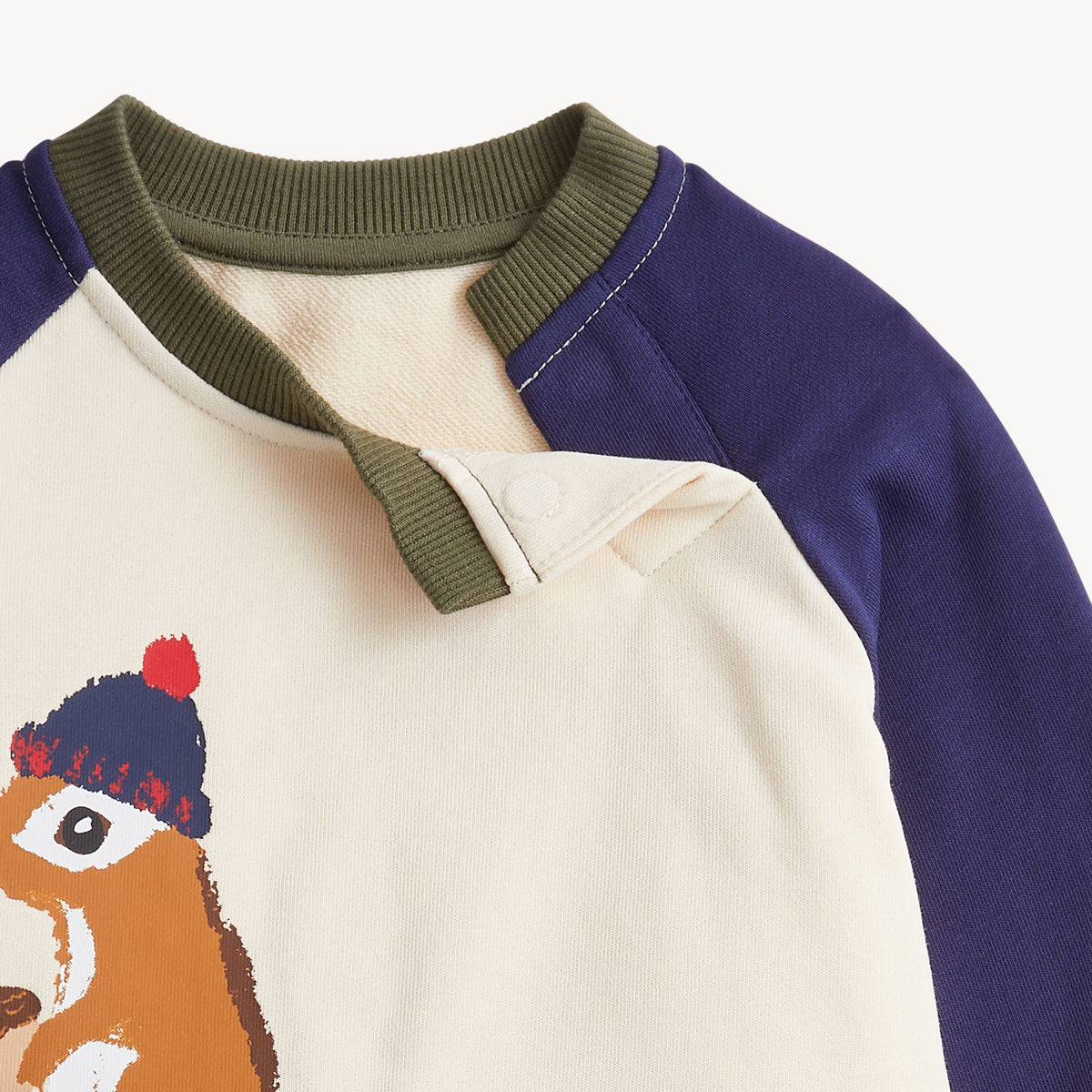 Close-up of a children's long-sleeve top with an off-white body, dark purple sleeves, and an olive green ribbed collar. A cartoon chipmunk wearing a blue and red beanie is printed on the front.