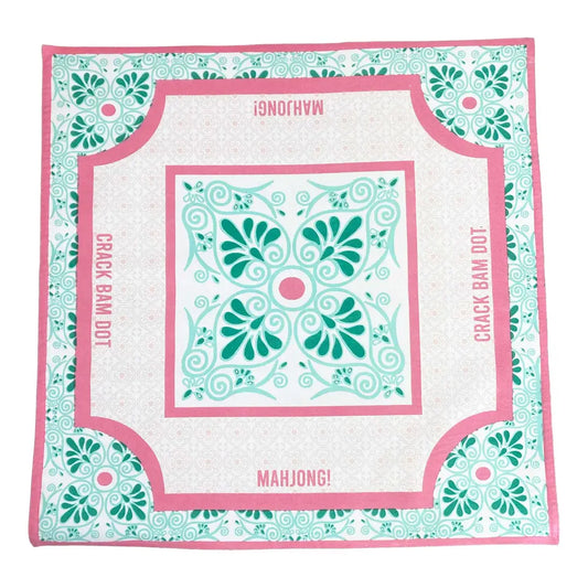 square mahjong mat in pink, teal and white with a tile design