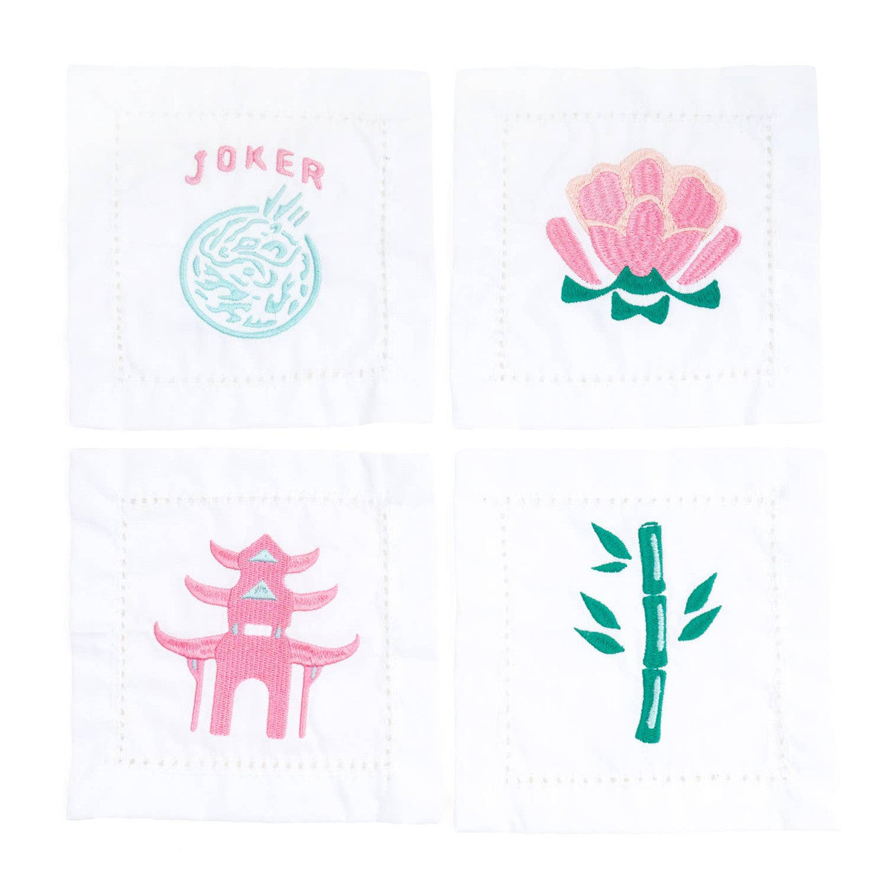 set of 4 mahjong cloth cocktail napkins with embroidered designed in pink and green