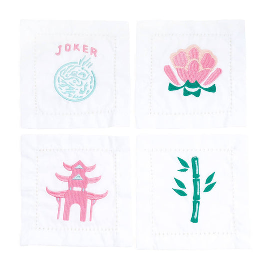 set of 4 mahjong cloth cocktail napkins with embroidered designed in pink and green