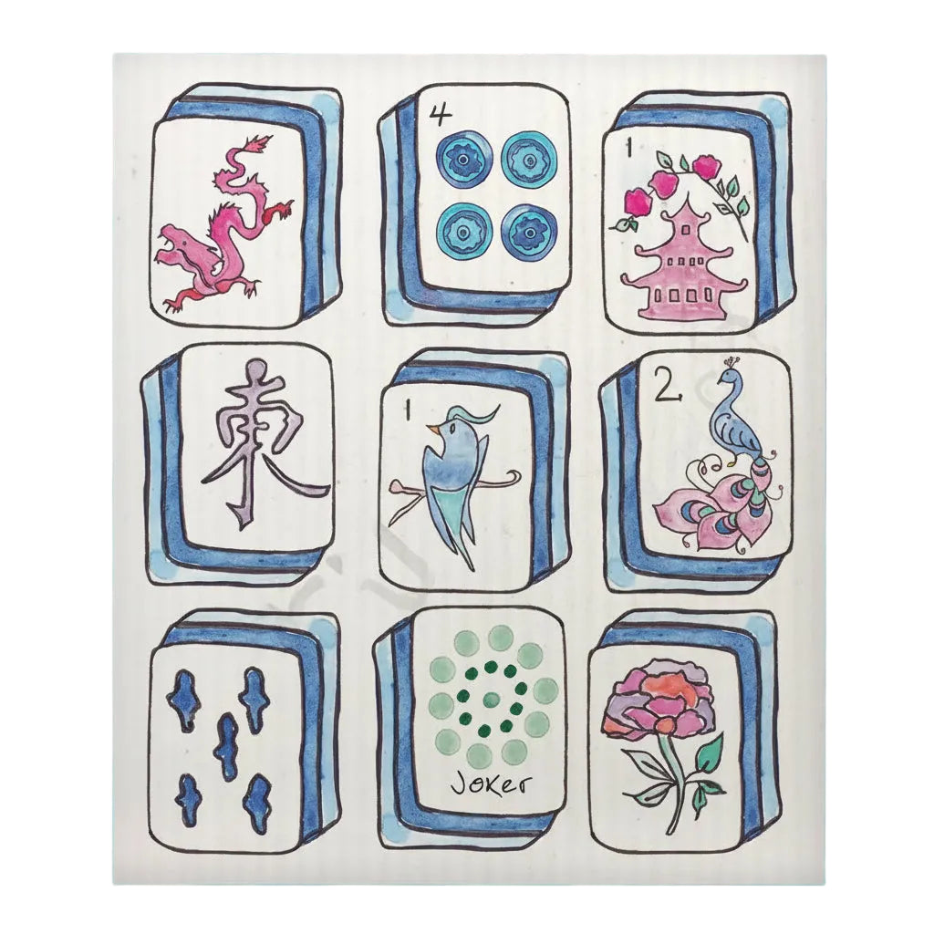 swedish dishcloth with mahjong tiles in shades of blue