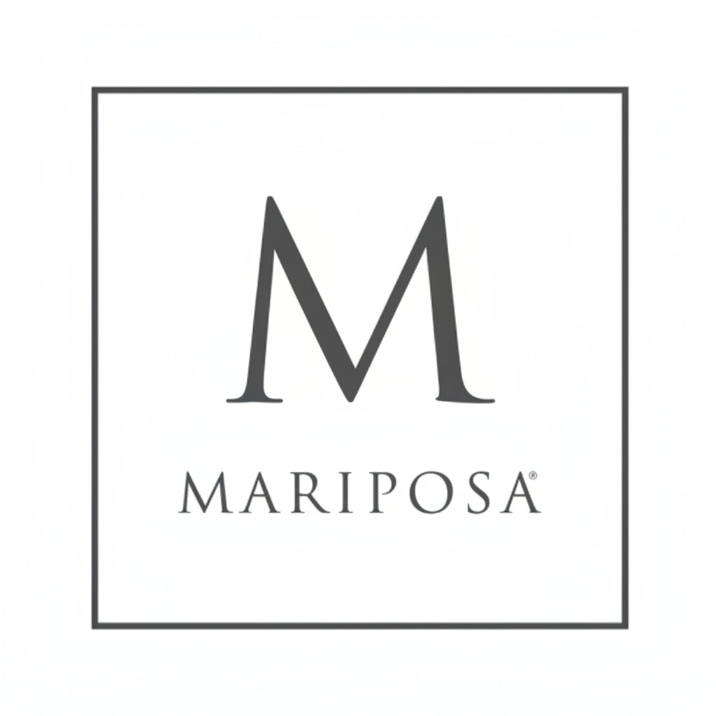 A square logo with a large stylized letter M above the word MARIPOSA, centered on a white background with a thin dark border available at The Little Exchange Fine Gifts Boutique located in Oakwood just south of Dayton, Ohio.