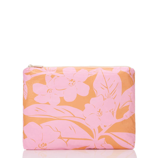 Floral-patterned pouch with pink flowers on an orange background