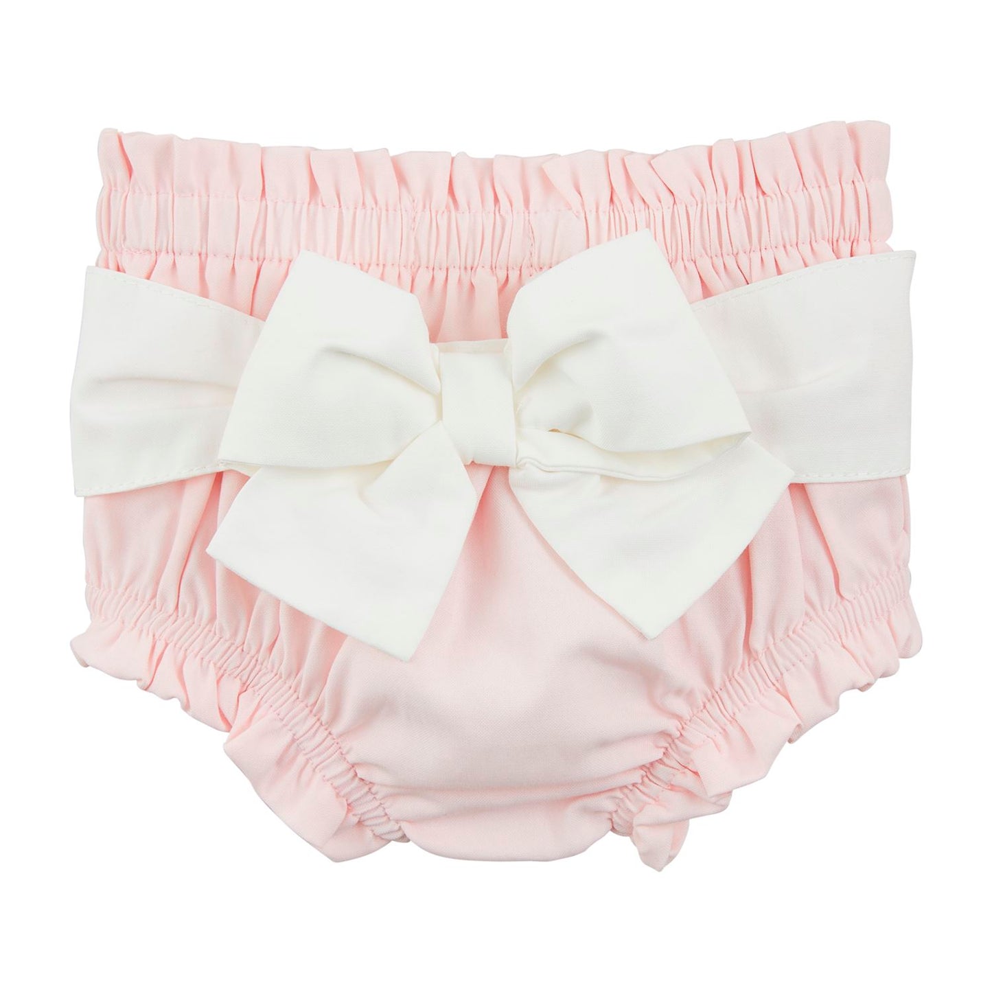 Mudpie Pink baby bloomers with a large white bow on a white background