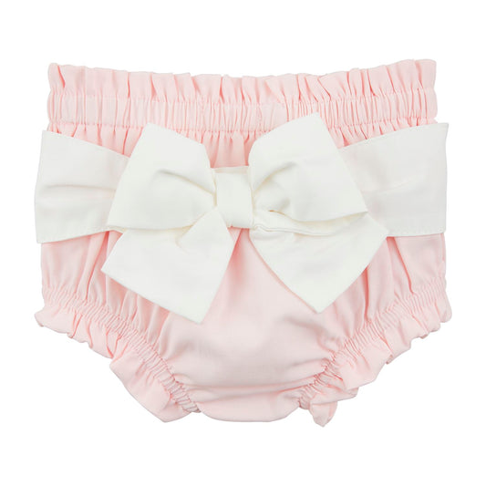 Mudpie Pink baby bloomers with a large white bow on a white background