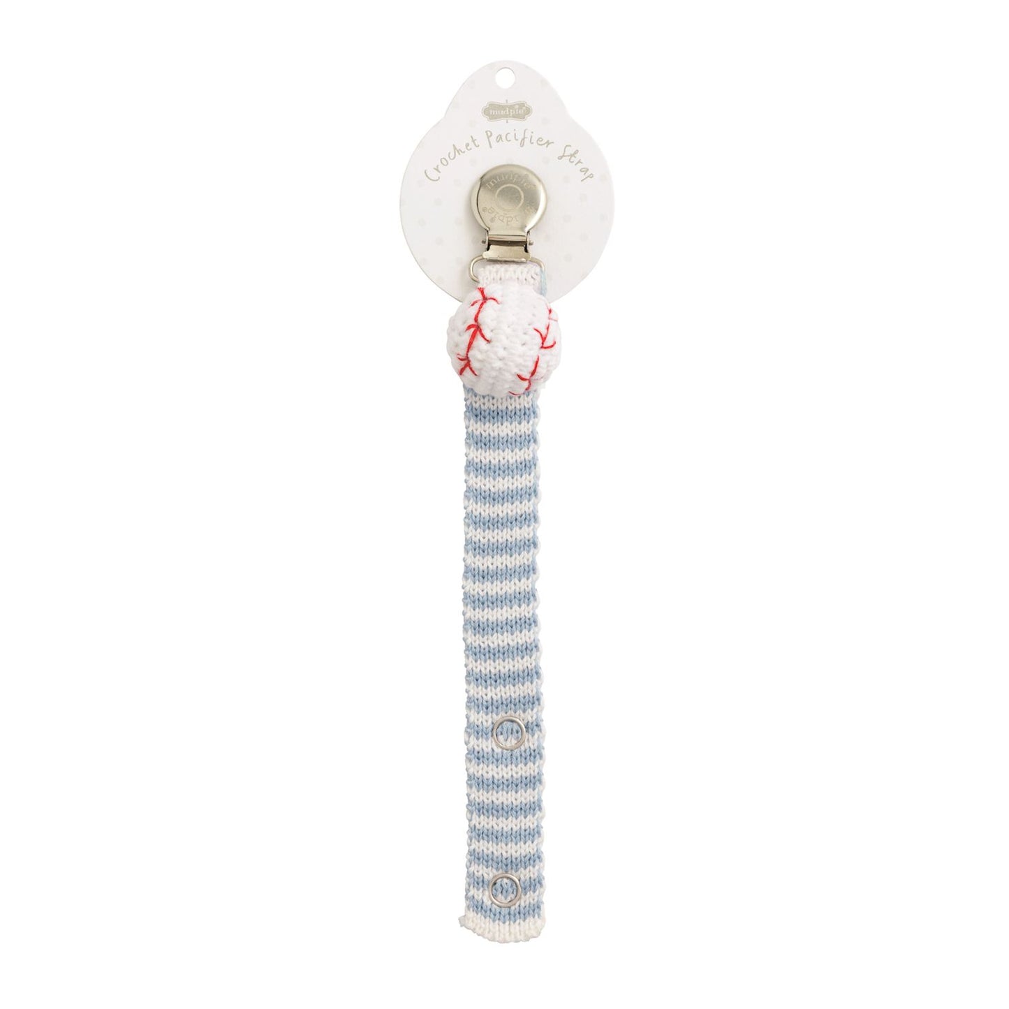 Mudpie crochet pacifier clip with a baseball and a light blue striped strap with snaps on a white background