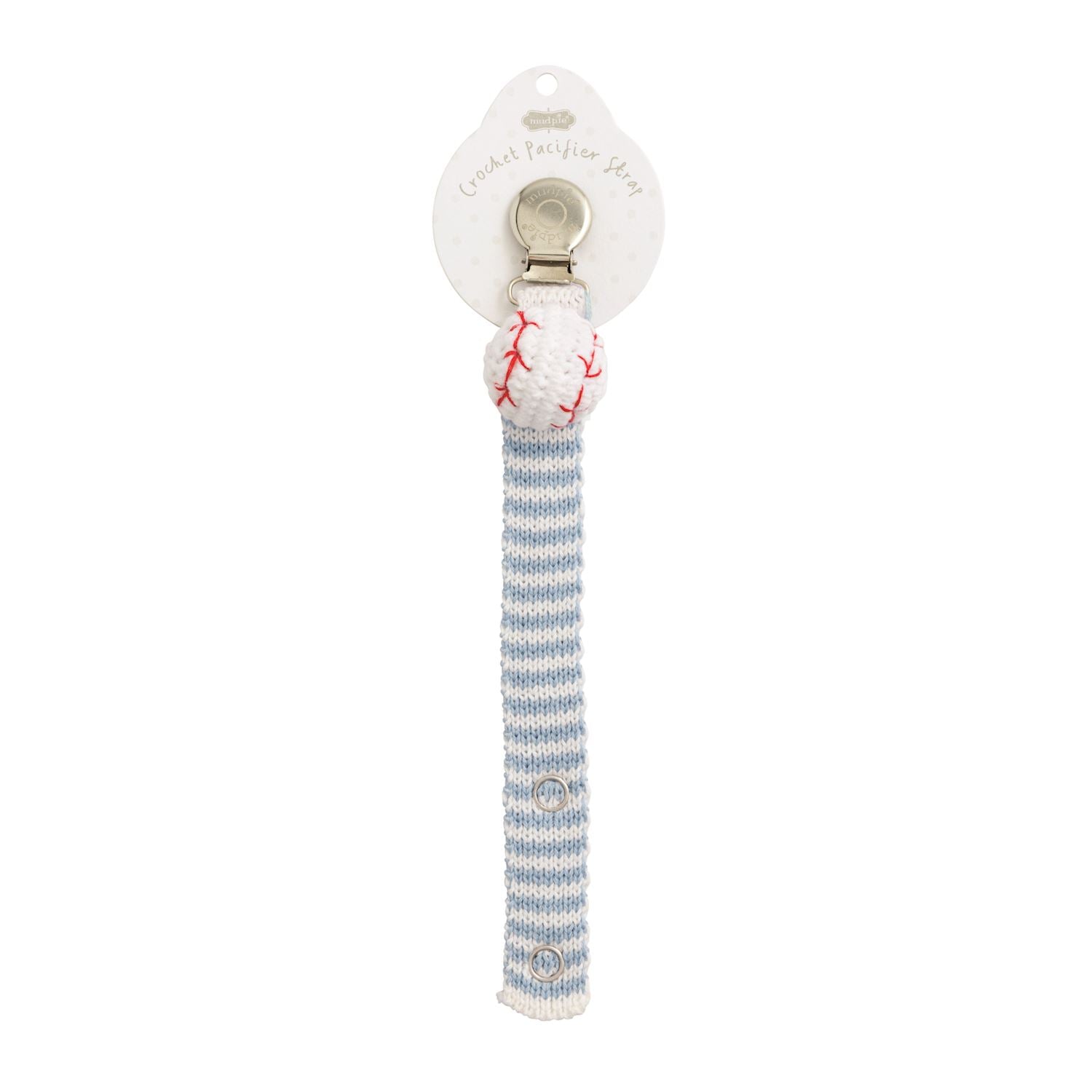 Mudpie crochet pacifier clip with a baseball and a light blue striped strap with snaps on a white background