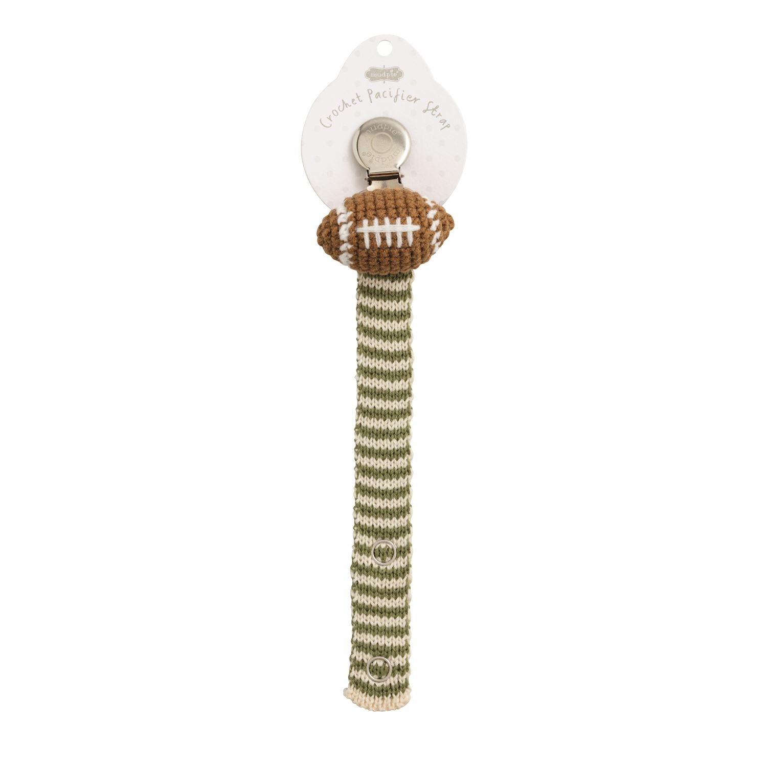 Mudpie crochet pacifier clip with a football and green striped strap with snaps on a white background