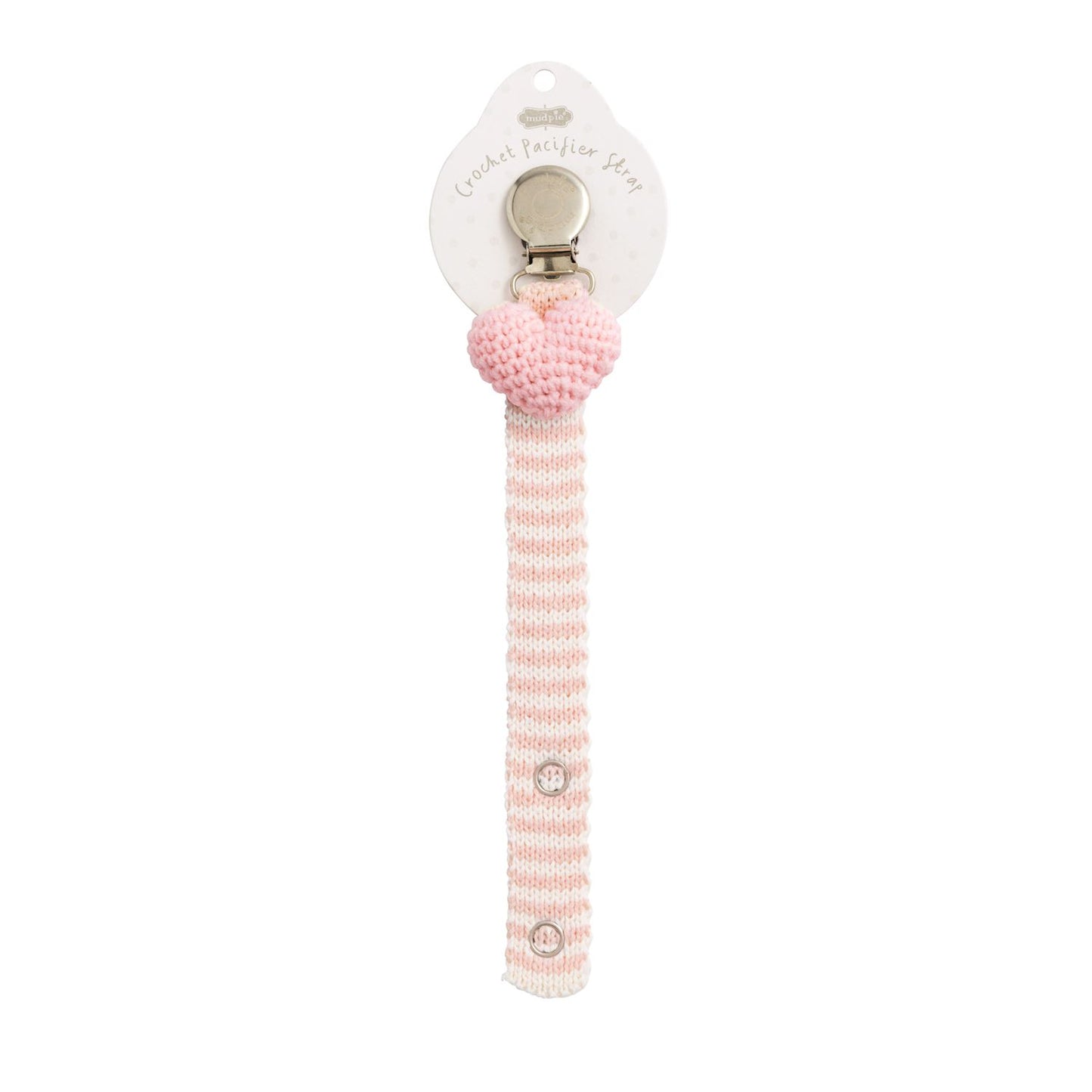Mudpie crochet pacifier clip with a light pink heart and a striped strap with snaps on a white background