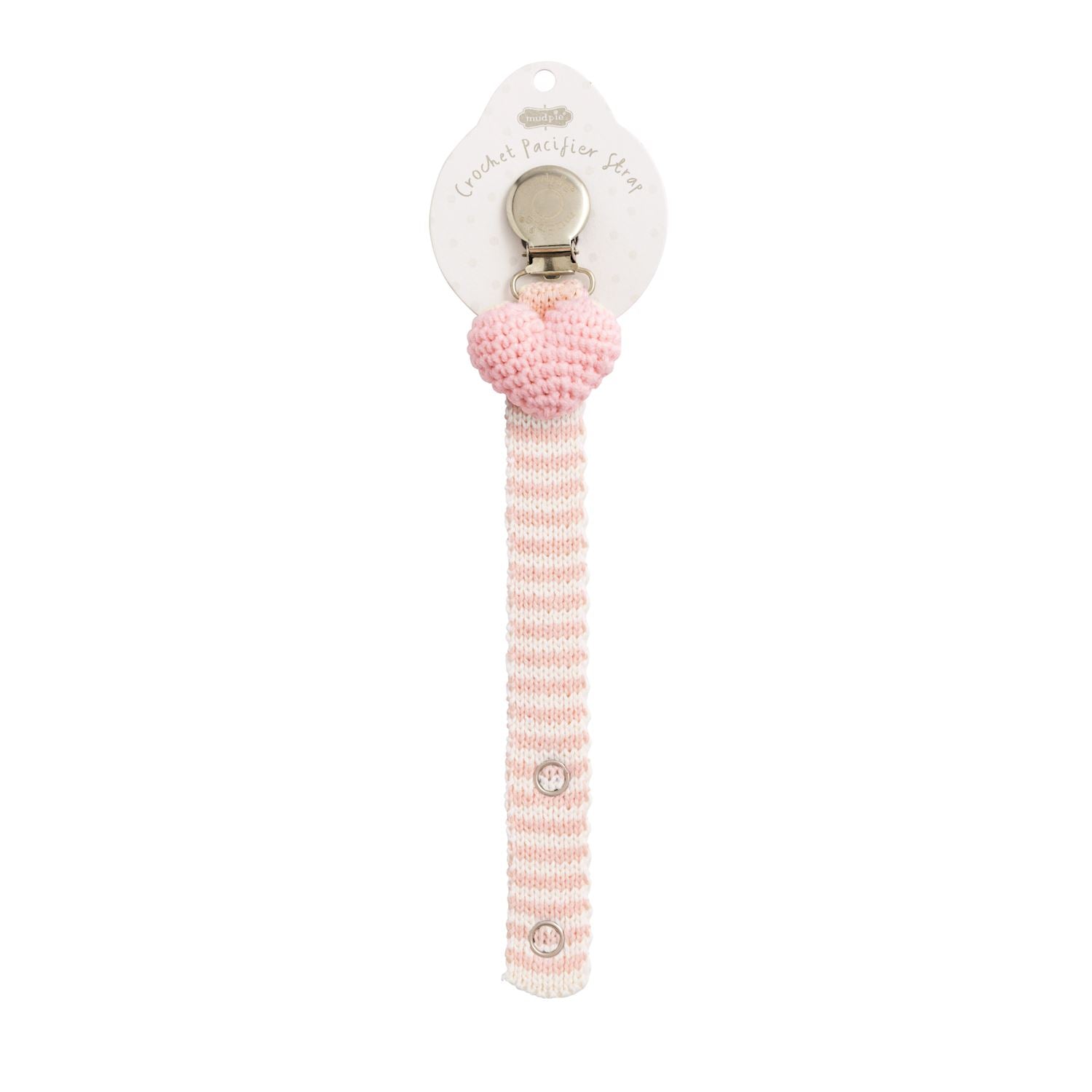 Mudpie crochet pacifier clip with a light pink heart and a striped strap with snaps on a white background